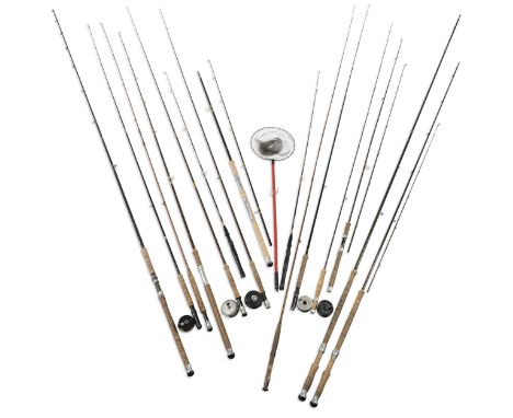 A collection of salmon and trout rodsComprising two salmon rods: a three piece Hardy 15'4' Graphite Salmon Fly rod, #10, no. 