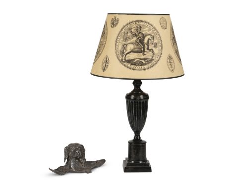 A simulated marble tole urn-shaped lamp baseWith print shade, together with a spelter 'silvered' inkwell, the hinged retrieve