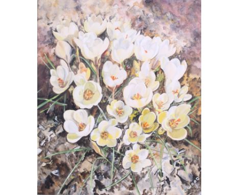K Wood: watercolours, crocus, 12" x 10 1/2", in wash lined mount and gilt frame, and Ursula White, 1966: charcoal study of a 