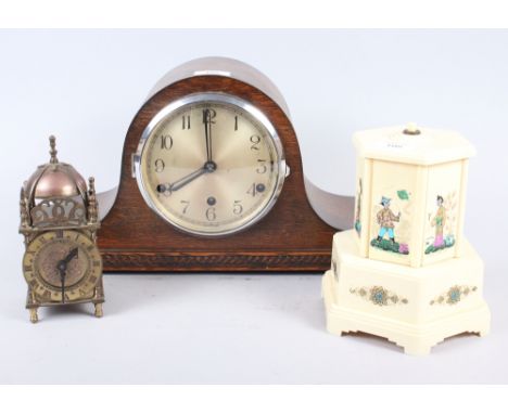 An oak cased mantel clock with Arabic numerals, a lantern clock with brass dial and Roman numerals and a Bakelite musical cig