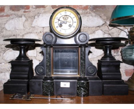 A 19th century slate and marble clock garniture with white enamel dial and Roman numerals with mercury pendant, 15 1/2" high