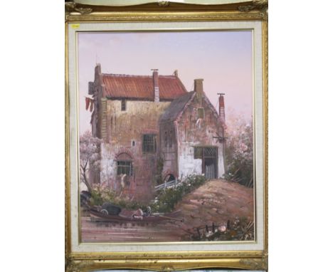 Buillie: oil on board, mill building with river, 23 1/2" x 19", in gilt frame, after J Gillray: a pair of limited edition col