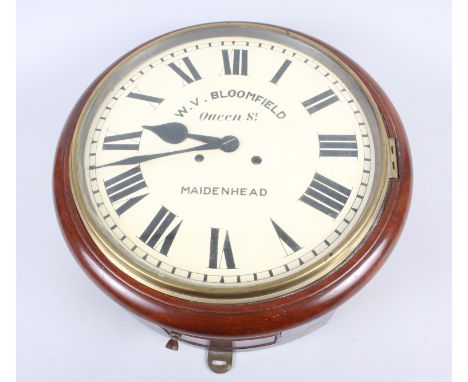 A mahogany cased wall clock, retailed by W V Bloomfield, Queen Street, Maidenhead, 14 1/2" diaCondition: Spring movement, key