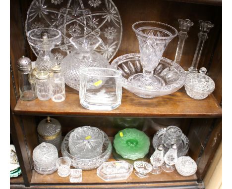 A collection of cut glass, including a lamp, a vase, bowls, plates, etc