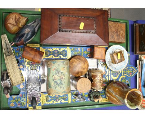 An early 20th century mahogany tea caddy, a quantity of boxes, a treen model of a cat and other items