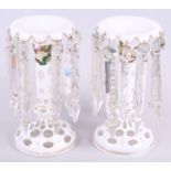 A pair of overlaid cut glass table lustres with hand-painted gilt and fruit decoration, 12" high (