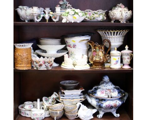 A quantity of floral decorated china, including a Dresden inkwell, a soup tureen (damages), models of sheep, jars and covers 