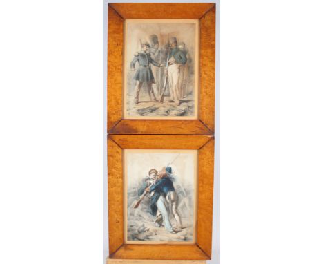 Two prints, 19th century military scenes, in birdseye maple frames