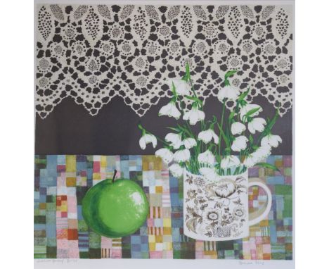 Brenda King: an artist's proof signed lithograph, "A Mug of Flowers and Apple", 9/35, in limed frame