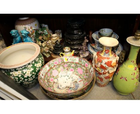 A 19th century famille rose table lamp, 14" high, a pair of blue temple lions, 8 1/2" high, two polychrome bowls, decorated f