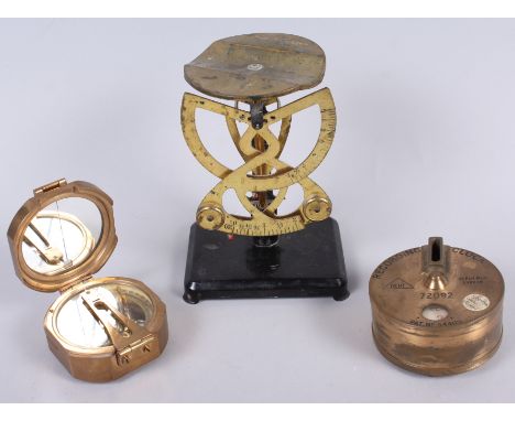 A Dent brass recording clock, "72092" Part Number 544119, a Brunton surveying brass compass and an ounce scale