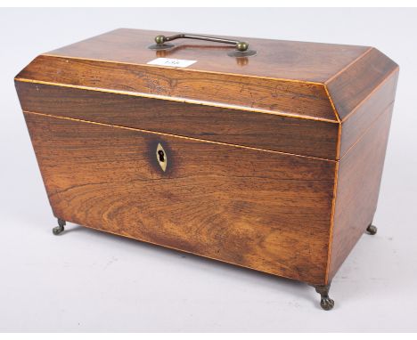 A 19th century rosewood and box line inlaid tea caddy, 12 1/2" wide (now a trinket box)