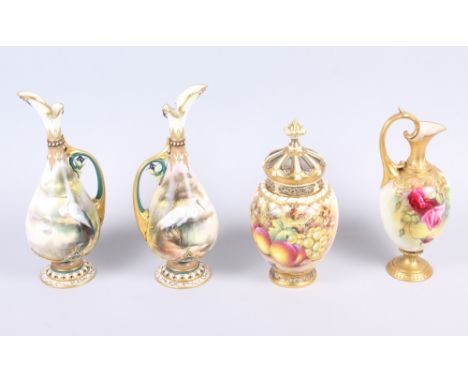A Royal Worcester jar and cover, hand-painted fruit, signed "Freeman", 10" high, a similar Royal Worcester ewer, decorated ro