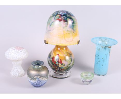 A signed studio glass table lamp, two pieces of Boda glass and two similar vases