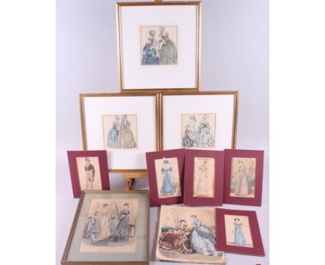 A collection of framed and unframed fashion illustrations, an oval framed print, portrait of an 18th century beauty, another 
