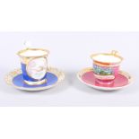 A German porcelain cabinet cup and saucer with a dark pink ground and gilt borders and another