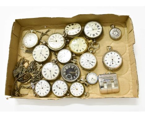 A Group of Silver and Other Pocket Watches and Watch Chains, silver enamel fob watch, tissot travelling clock, etc