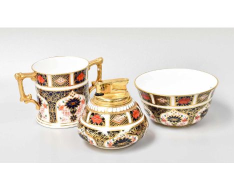 A Royal Crown Derby Porcelain Loving Cup, decorated in Imari pattern 1128, together with a sugar bowl and lighter (3)Lighter 