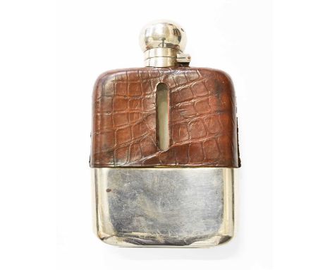 A George V Silver Mounted Glass Hip Flask, with crocodile skin shoulders, hallmarks for Sheffield 1921, by James Dixon &amp; 