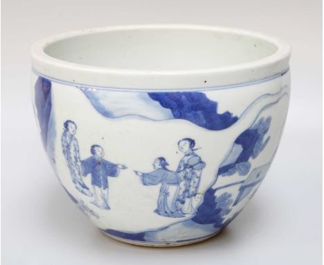 A Chinese Porcelain Jardiniere, Kangxi style, painted in underglaze blue with a continuing landscape and figures, 20cm diamet