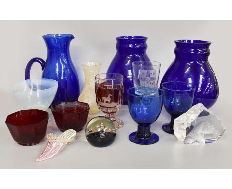 Assorted Glassware, including a Vaseline pedestal bowl, pair of octagonal ruby glass finger bowls, Bohemian ruby flash pedest