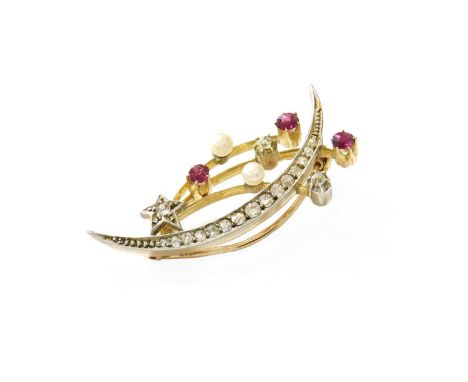 A Ruby, Diamond and Cultured Pearl Brooch, the brooch of crescent, star and spray design, set throughout with old cut diamond