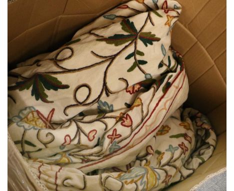 Two Pairs of Modern Crewel Work Curtains, with a cream linen lining, and tie backs, 224cm drop by 250cm widthStaining in a nu