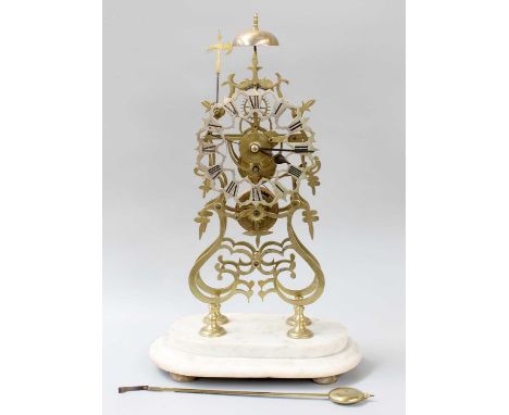 A Brass Single Fusee Skeleton Clock, with anchor escapement, passing strike on a bell and raised on stepped marble plinth, 50