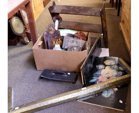 Assorted Miscellaneous, including a set of hanging pokerwork shelves, brass mounted fire curb, folding firescreen, assorted l