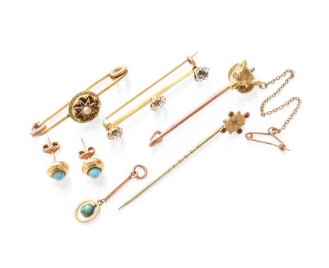 A Fox Mask Brooch, unmarked, length 4.3cm; An Enamel and Split Pearl Brooch, pin hallmarked 9 carat gold, length 4.0cm; A Pas