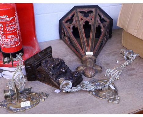 A Painted and Parcel Gilt Wall Bracket, deorated with gothic tracery, 57cm; together with 18h century carved oak bracket deco