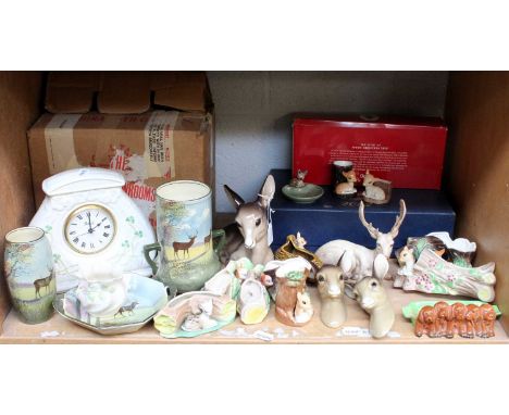 20th century ceramics, including Royal Doulton stag decorated items, Sylvac, Beswick, Wade, Belleek clock, tea sets, Hornsea,