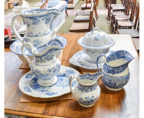 An Early 19th century Opaque China Large Wash Jug, printed in underglaze blue, with the Chinese marine pattern; together with