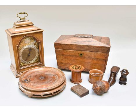 A Tray of 19th Century Treen Items etc., including a Georgian snuff box formed as a boot and with pique inlay, a nutmeg grate