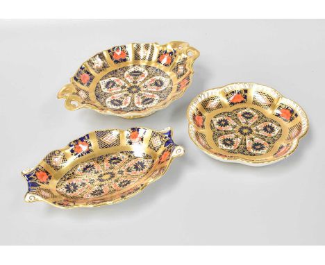 A Royal Crown Derby Porcelain Small Twin Handled Dish, decorated in Imari Pattern 1128, together with an oval dish and lobed 