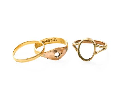 A 22 Carat Gold Band Ring, finger size O; A 22 Carat Gold Vacant Ring Mount, finger size P; and Another Vacant Ring Mount, st