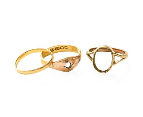 A 22 Carat Gold Band Ring, finger size O; A 22 Carat Gold Vacant Ring Mount, finger size P; and Another Vacant Ring Mount, st