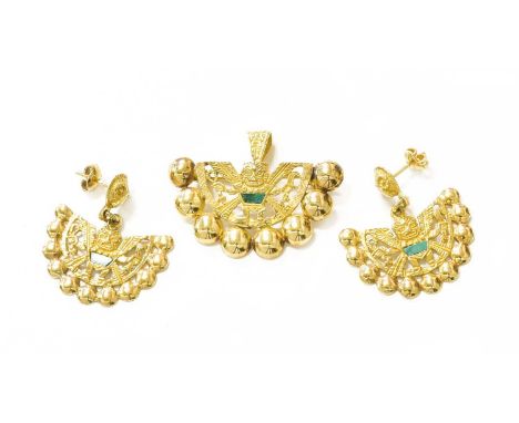 A Pair of Drop Earrings, in the form of a winged deity with central green hardstone panel, with post fittings, measure 3.3cm 