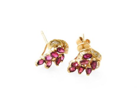 A Pair of Ruby and Diamond Earrings, the spray motifs set throughout with marquise cut rubies and round brilliant cut diamond