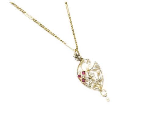 A Diamond, Ruby and Cultured Pearl Pendant on Chain, the pendant of shield and foliate design, set throughout with old cut di