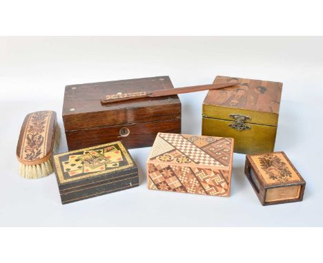 Tunbridgeware Games Box, parquetry puzzle box, Tunbridge paper knife, Regency playing card box etc