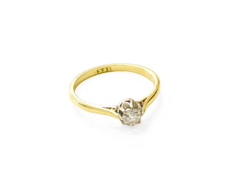 A Diamond Solitaire Ring, the old cut diamond in a white claw setting, to a yellow tapered shoulder plain polished shank, est