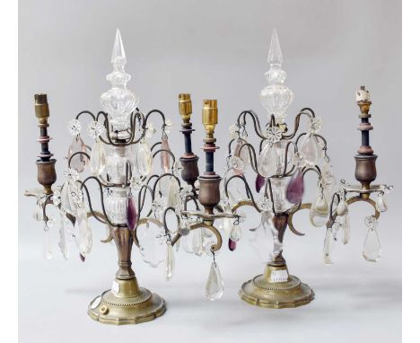A Pair of Twin Light Table Lamps, ornamented with lustre drops, with double scrolling branches issuing from knopped central b