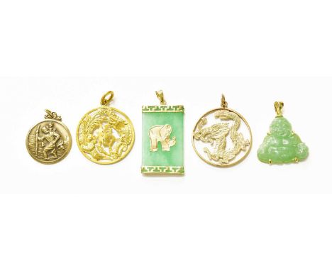 A 14 Carat Gold Jade Pendant, depicting a seated Buddha, length 2.0cm; A 14 Carat Gold Jade Pendant, with applied elephant mo