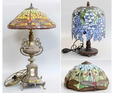 A Tiffany Style Table Lamp in the Wisteria Pattern, with bronzed base, 40cm, a similar shade dragonfly pattern, 40cm wide, an