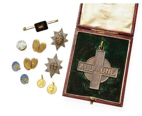 A Quantity of Jewellery, including a pair of 9 carat gold cufflinks; two charms, indistinctly marked; two enamel pins and a m