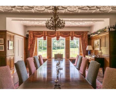 A Pair of Red and Gold Interlined 'Fortuny' Style Curtains and Pelmet, Rope Ties, 285cm drop by 420cm wideSlight wear and fad