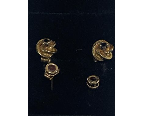 Two pairs of 9ct gold &amp; ruby earrings &amp; gold &amp; sapphire earrings. 