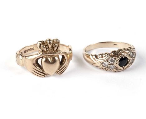A 9ct gold Claddagh ring, size S, 5.4g, and a sapphire and paste ring, of Victorian style, on a 9ct gold shank, size Q, 3.0g 