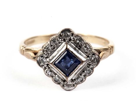 A sapphire and diamond square cluster ring, in 9ct yellow gold mount and shank, ring size M, 2.5g gross.